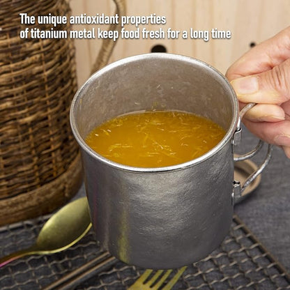TiTo Titanium Cup Titanium Pot with Lid Ultralight Portable 450ml Foldable Handle Camping Tea Coffee Water Mug for Outdoor Backpacking Hiking Picnic Drinkware with Mesh Sack (Green)