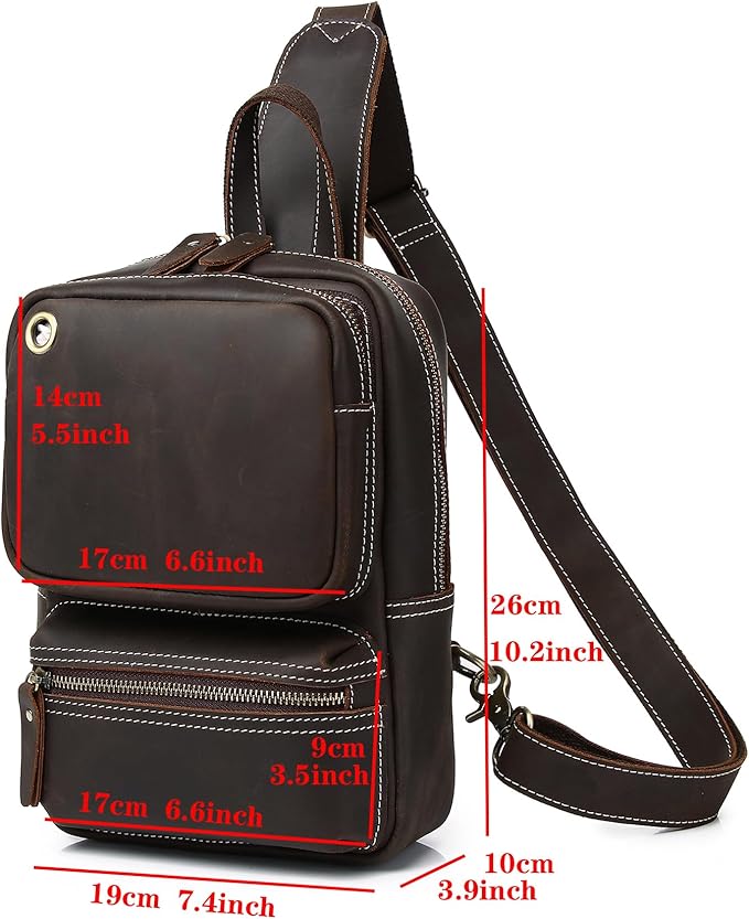 KPYWZER Crazy Horse Genuine Leather Sling Bag for Men Women Shoulder Backpack Satchel Crossbody Chest Casual Outdoor Daypack Deep Brown