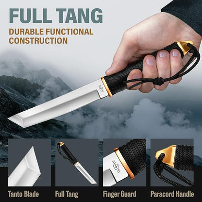 Tanto Camping Knife with Sheath - 3+ Colors - 5.9" Fixed Full Tang Mirror Polished Blade - Cool Survival Knives with Black Paracord Handle - Tactical Work Knives for Hunting Hiking EDC 2307 Silver