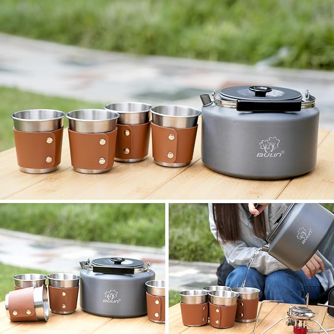 Bulin 2.2L Camping Kettle Set with 4 Cups Lightweight Aluminum Camp Tea Coffee Pot with 4 Stainless Steel Cups for Outdoor Camping Cookware Hiking Backpacking Kitchen Campfire and Picnic, Carrying Bag