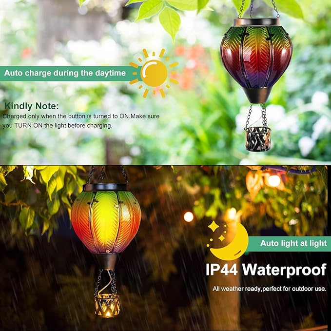 Hot Air Balloon Solar Lantern with Candle Holder Glass Solar Hot Air Balloon Lantern with Flame Solar Hanging Hot Air Balloons Decor for Trees Patio Garden Yard Porch Decor, Multi-Color