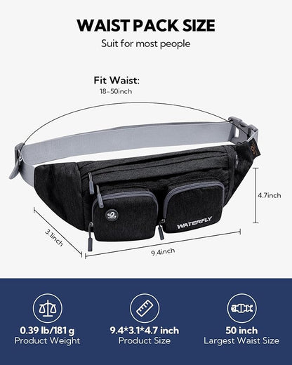 WATERFLY Fanny Pack Waist Bag: Travel Hip Pouch Bum Bag Plus Size Crossbody Fannie Pack Adjustable Belt Waistpack Phanny Fannypack for Man Woman Hiking Walking Jogging