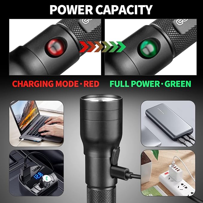 High Power LED Flashlight USB C Rechargeable, 600 Lumen Tactical Flashlight IP65 Waterproof Handheld Flashlight for Emergency,Police Law Enforcement,Hunting,Camping,Hiking