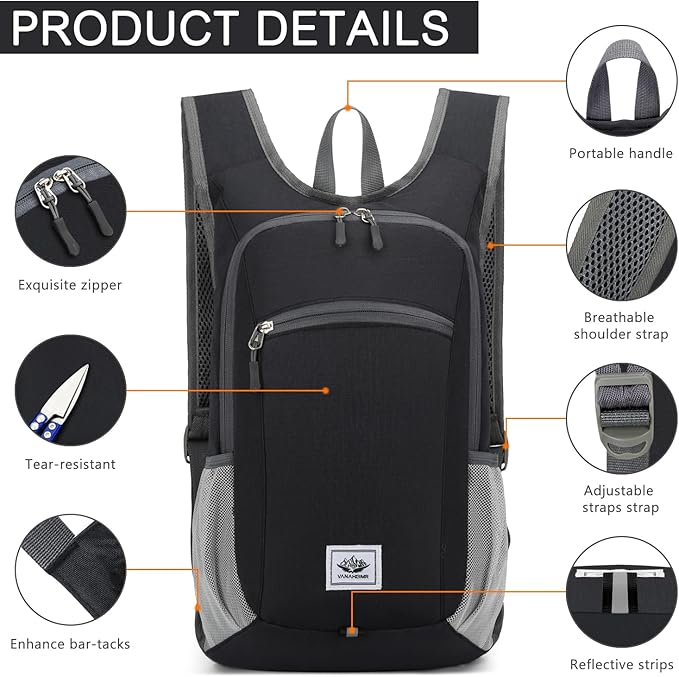 15L Lightweight Hiking Backpack Foldable Small Travel Backpack Packable Camping Backpack for Women Men (Black)