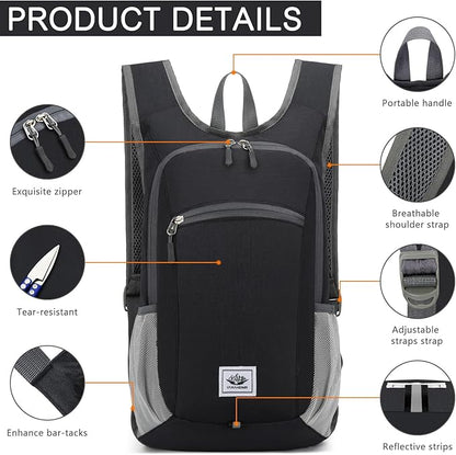 15L Lightweight Hiking Backpack Foldable Small Travel Backpack Packable Camping Backpack for Women Men (Black)