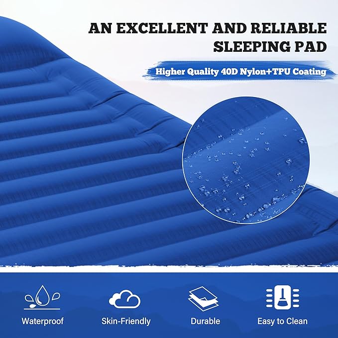 TOBTOS Double Sleeping Pad for Camping, Extra Thick 6" Camping Mattress 2 Person with Pillow Built-in Foot Pump, Inflatable Sleeping Mat for Camping, Backpacking, Hiking, Traveling(Blue)