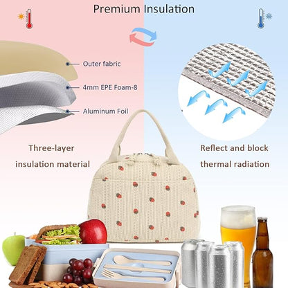 Lunch Bag, Beige Corduroy with Strawberry Pattern, Insulated Thermal Tote, Portable and Reusable Cooler for School or Work, 8.5L