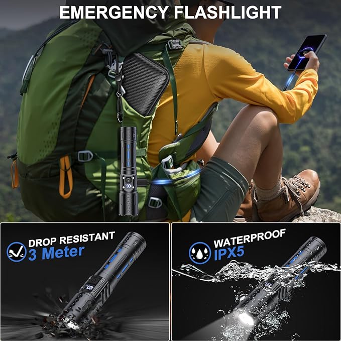 Flashlights High Lumens Rechargeable - 20,000 Lumens Super Bright Tactical LED Flash Light, Dimmable&Memory Function Powerful Waterproof Flashlight for Camping,6 Modes,Zoomable,LCD Display (2, Black)
