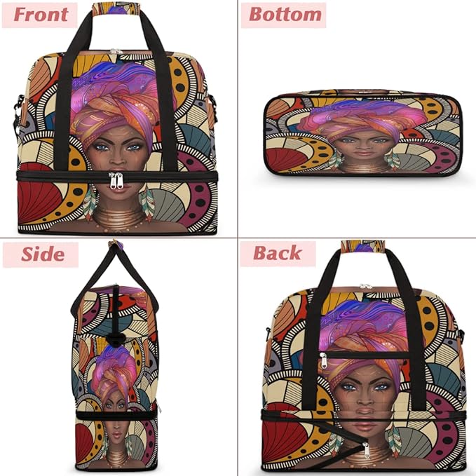 Travel Duffel Bag African Afro Woman Sport Gym Bag for Woman Man,Waterproof Foldable Weekend Overnight Bag for Yoga Workout Training with Shoe Compartment