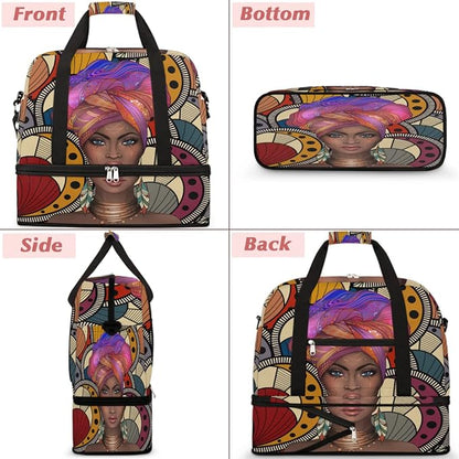 Travel Duffel Bag African Afro Woman Sport Gym Bag for Woman Man,Waterproof Foldable Weekend Overnight Bag for Yoga Workout Training with Shoe Compartment