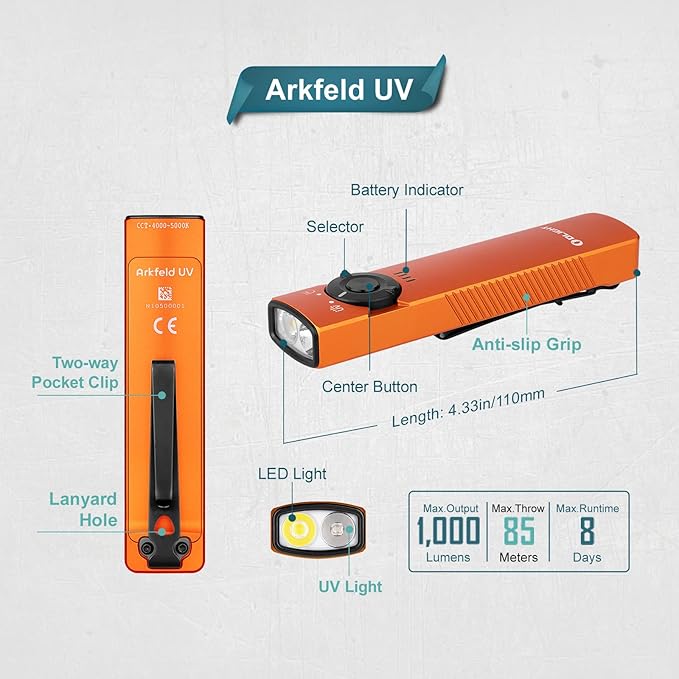 OLIGHT Arkfeld UV 365nm Black Light, 1000 Lumens White LED Flashlight, Rechargeable UV Flashlight for Camping, Outdoors, Emergency, Pet Urine Detection (Neutral White Light: 4000~5000K)