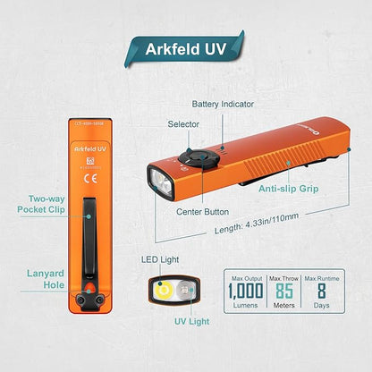 OLIGHT Arkfeld UV 365nm Black Light, 1000 Lumens White LED Flashlight, Rechargeable UV Flashlight for Camping, Outdoors, Emergency, Pet Urine Detection (Neutral White Light: 4000~5000K)