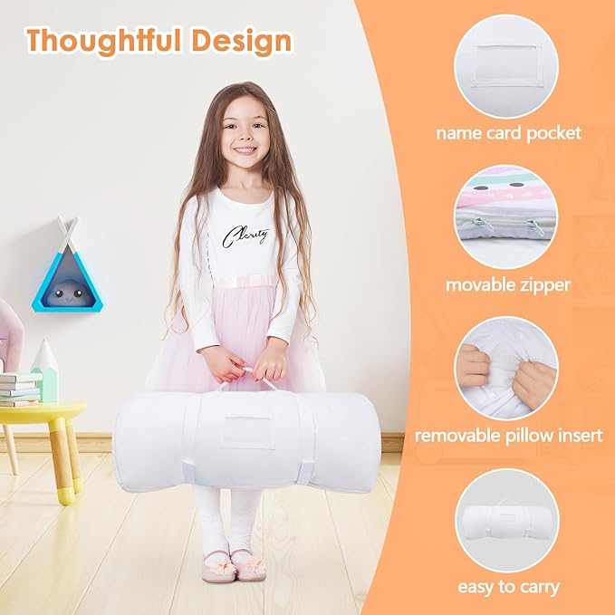 Kids Sleeping Bag Toddler Nap Mat with Removable Pillow, Large Foldable Sleeping Bag for Girls Boys, Easy Clean Slumber Bag with Double Zip for Camping School Preschool Daycare, 59×24 inch