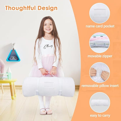 Kids Sleeping Bag Toddler Nap Mat with Removable Pillow, Large Foldable Sleeping Bag for Girls Boys, Easy Clean Slumber Bag with Double Zip for Camping School Preschool Daycare, 59×24 inch