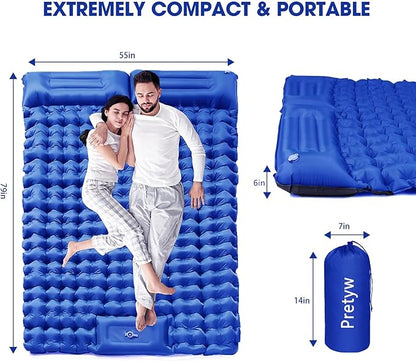 Double Sleeping Pad for Camping, Ultralight Camping Mattress with Pillow, Built-in Foot Pump, Thick Self-Inflatable 2-Person Portable Camping Mat for Backpacking Hiking Car Traveling Beach Tent