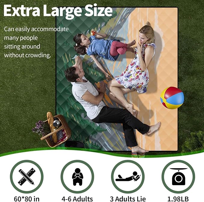 Picnic Blankets Beach Blanket 60"x80" Sand Free Waterproof Outdoor Oversized Foldable Park Lawn Mat Camping Necessities Travel RV Supplies Vacation Trip Camp Stuff Camper Couples Gift Ideas