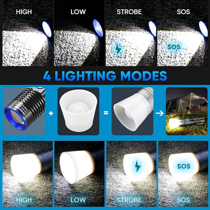 NAKCNM Magnetic Flashlight LED Rechargeable Flashlights High Lumens, 25000lm 4 Modes with Clip&Diffuser, Waterproof Super Bright Flashlights for Home Emergency Camping, Dimmable (Black+Silver)
