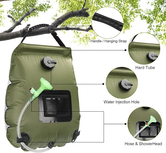 LYOUMEIT Solar Shower Bag 5 Gallon, Portable Shower for Camping, Camping Shower Bag, Solar Heating Shower Bag with Removable Hose and On-Off Switchable Shower Head