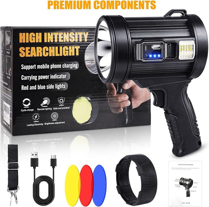 Rechargeable Spotlight, 1000000 Lumens Bright LED Spotlight Flashlight, Long Running Spot Light Searchlight, Outdoor Handheld Spotlights with Solar Panels for Hunting,Camping,Boat,6 Spotlight Modes
