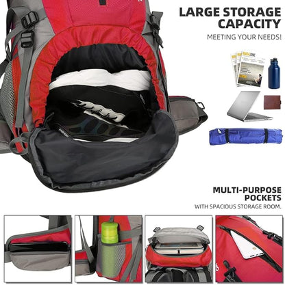 King'sGuard 70L Hiking Backpack Large Lightweight Waterproof Camping Backpack Travel Backpacking Backpack Daypack with Rain Cover -Frameless (Red)