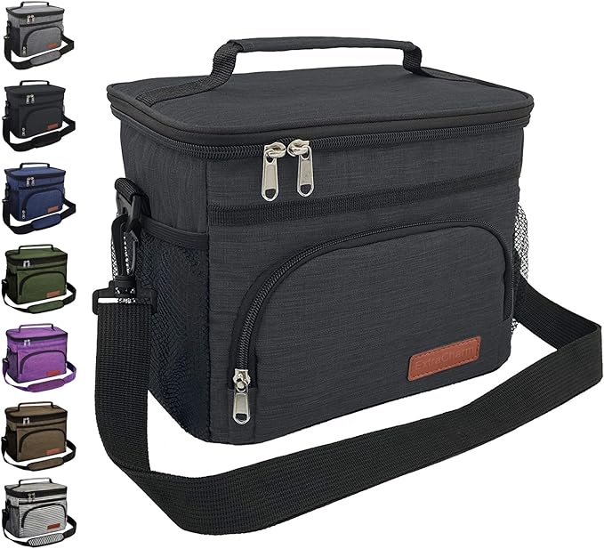 ExtraCharm Insulated Lunch Bag for Women/Men - Reusable Lunch Box for Office Picnic Hiking Beach - Leakproof Cooler Tote Bag Organizer with Adjustable Shoulder Strap for Adults - Black