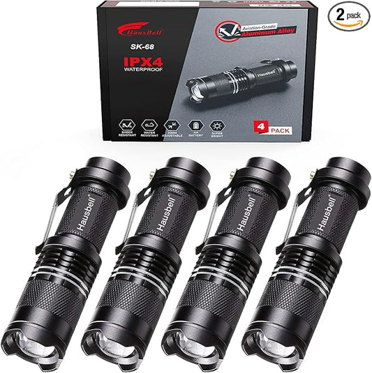 HAUSBELL Flashlights, Handheld Flashlights, 7W Mini LED Flashlights, Flashlights High Lumens, Zoomable Water Resistant, 3 Modes, Flash Light for Kids Indoor Outdoor Hiking Camping, 4 Pack