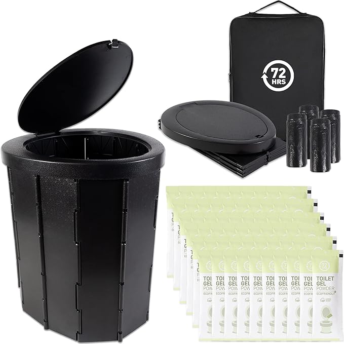 72HRS Portable Collapsible Toilet for Camping, 15.8" Extra Large Camping Toilets Portable Potty, Lightweight and Sturdy, Camp Toilet (With 60 Toilet Bags & 60 Toilet Powers)