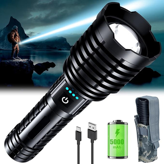 Super Bright Led Rechargeable Flashlight 2000000 High Lumens,Tactical High Powered Flashlight,Bright Flashlights With 5 Light Modes,Zoomable,IP67 Waterproof Powerful Flashlights For Camping Home (A8)