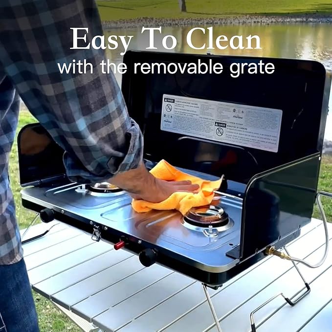 Camping Stove 2 Burner, Portable Propane Stove 20000 BTU with Regulator, Integrated Igniter & Stainless Steel Drip Tray & Built-in Handle & Foldable Legs for Outdoor Cooking and Travel