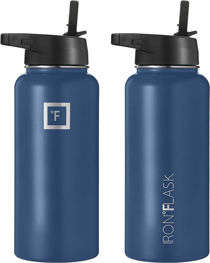 IRON °FLASK Camping & Hiking Hydration Flask, Wide Mouth, 3 Straw Lids, Stainless Steel Outdoor Water Bottle, Double Walled, Insulated Thermos, Metal Canteen - Twilight Blue, 32 Oz