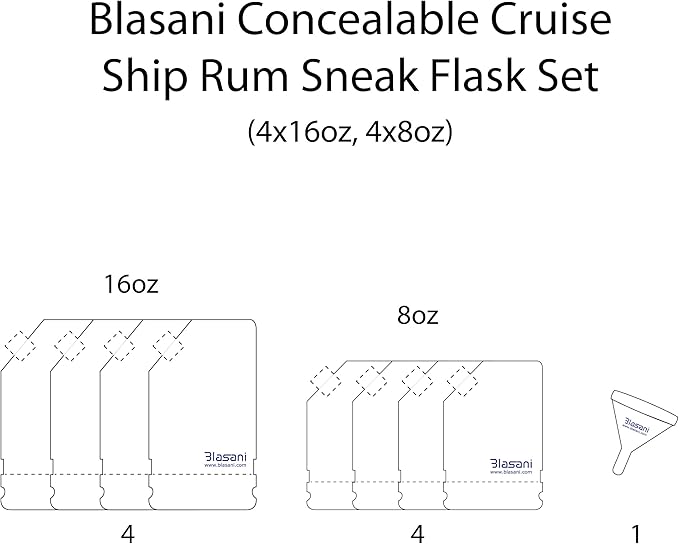 Concealable Cruise Ship Rum Sneak Flask Kit Set (4x16oz, 4x8oz)