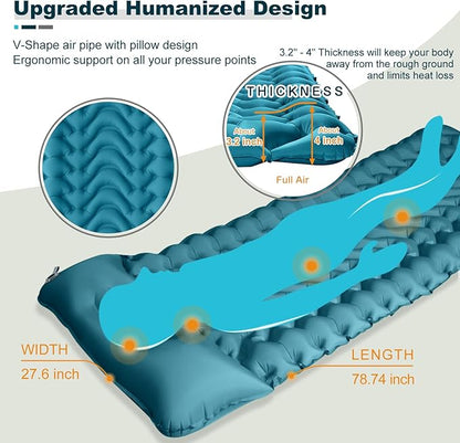 MEETPEAK Camping Sleeping Mat, Inflatable Sleeping Pad Foot Press Lightweight Camping Pad for Backpacking Hiking Traveling, Durable Waterproof Air Mattress Compact Camp Pad Thickness 4 Inch