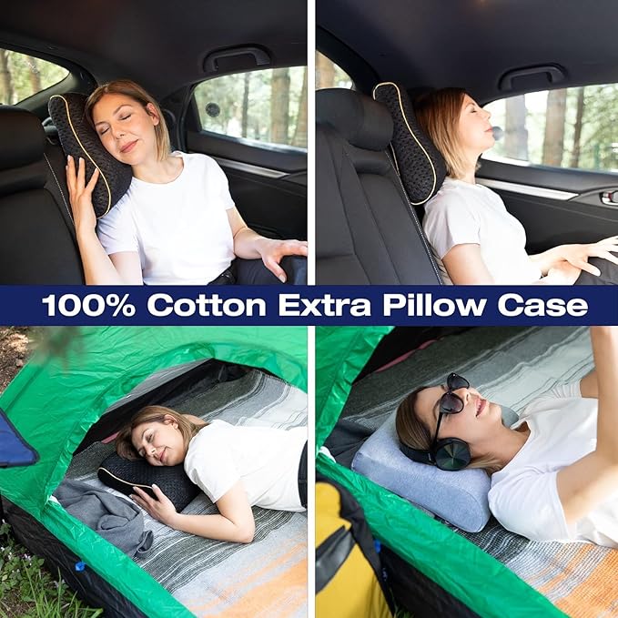 Travel & Camping Comfortable Memory Foam Pillow with Extra Cotton Cover – Easy to Carry Portable Bag – Temperature Regulating Pillow Case