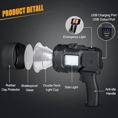 Spotlight Flashlight, 1000,000 Lumens Outdoor Spot Light, LED Rechargeable Spotlight Handheld, 8 Modes with Cob Light, 10800ɱAh, Flashlight for Camping Marine Boating Hunting, IPX6 Waterproof