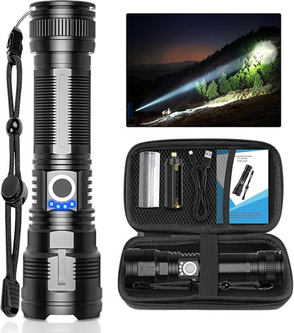 DanByte Flashlights High Lumens Rechargeable with Storge Bag- 100,000 Lumens Super Bright LED Rechargeable Tactical Flashlight,Powerful Flash Light Small Flashlight with 5 Modes for Emergency,Camping