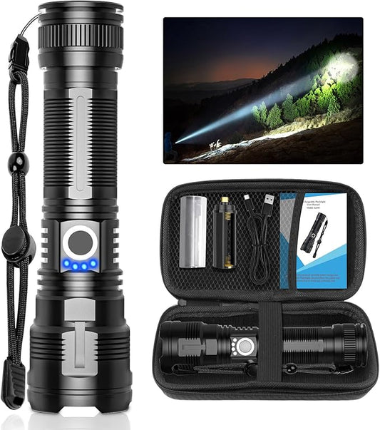 DanByte Flashlights High Lumens Rechargeable with Storge Bag- 100,000 Lumens Super Bright LED Rechargeable Tactical Flashlight,Powerful Flash Light Small Flashlight with 5 Modes for Emergency,Camping
