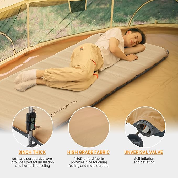 KingCamp Self Inflating Camping Sleeping Pad, 3 INCH Ultra Thick 6.1 R Warm Soft Single Foam Air Mattress for Travel Hiking Tentads for Tent Cot Traveling and Hiking, Multicolor