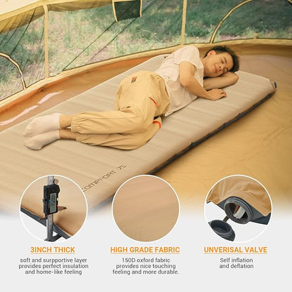 KingCamp Self Inflating Camping Sleeping Pad, 3 INCH Ultra Thick 6.1 R Warm Soft Single Foam Air Mattress for Travel Hiking Tentads for Tent Cot Traveling and Hiking, Multicolor