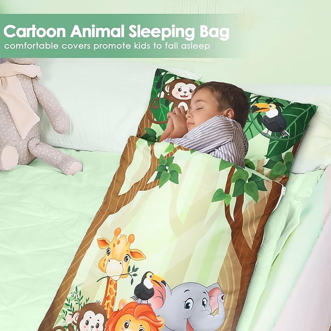 Kids Sleeping Bag Toddler Nap Mat with Removable Pillow, Large Foldable Sleeping Bag for Girls Boys, Easy Clean Slumber Bag with Double Zip for Camping School Preschool Daycare, 59×24 inch