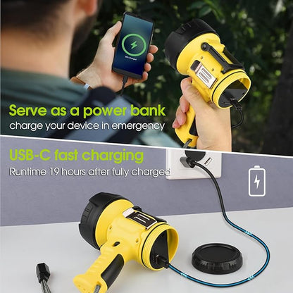 Rechargeable Spotlight Flashlight with 1000,000 Lumen LED, IP65 Waterproof Searchlight Handheld Work Light with Foldable Stand and Red Lens- Yellow