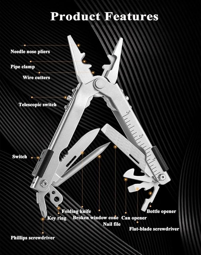 13 in 1 Portable Multifunction Tool Pliers Screwdrivers ire Stripper Folding Plier Pocket Cutter EDC Combination Tools for Outdoor Camping Fishing (Silver)