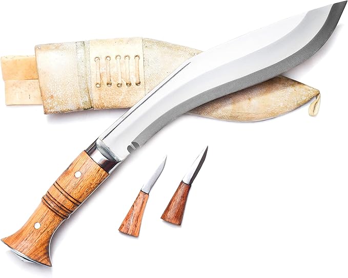 10” Blade Operation Kukri, Panawal Full Tang Gurka Khukri, Double Fuller Sharp Blade Khukuri, Beige Leather Scabbard w/ 2 extra utility knives, Handmade in Nepal Khukri