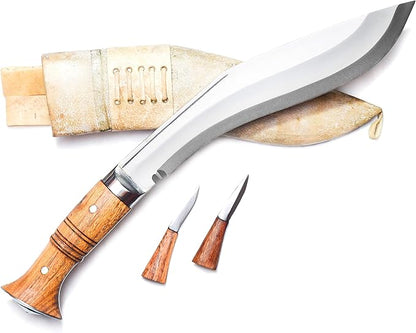 10” Blade Operation Kukri, Panawal Full Tang Gurka Khukri, Double Fuller Sharp Blade Khukuri, Beige Leather Scabbard w/ 2 extra utility knives, Handmade in Nepal Khukri
