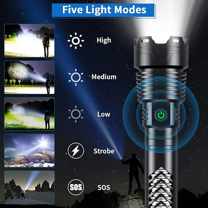 Super Bright LED Flashlight, 3600000 High Lumen Rechargeable Flashlights with Long Handle, 10000mAh Battery, Zoomable 5 Modes for Outdoor Camping, Emergencies