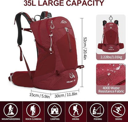 Hiking Backpack,35L Waterproof Hiking Daypack with 3L Water Bladder and Rain Cover, Lightweight Travel Camping Backpack for Men Women (Red)
