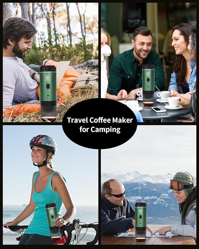 Portable Electric Espresso Machine, Travel Coffee Maker for Camping, Car, RV & Hiking, Self-Heating with Type-C, Compatible with Ground Coffee & NS Capsules, Green