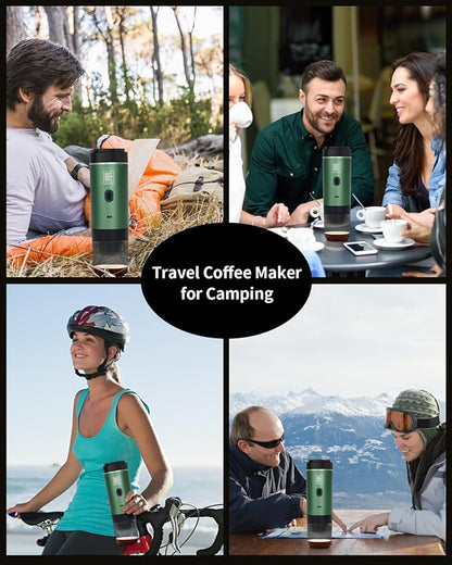 Portable Electric Espresso Machine, Travel Coffee Maker for Camping, Car, RV & Hiking, Self-Heating with Type-C, Compatible with Ground Coffee & NS Capsules, Green