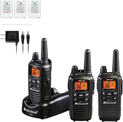 Midland® - LXT633VP3 Walkie Talkies with 36 FRS Channels – Two-Way Radio NOAA Weather Alert & Scan Technology, Dual Power Options, 121 Privacy Codes, Silent Operation, Xtreme Range – Black, Set of 3
