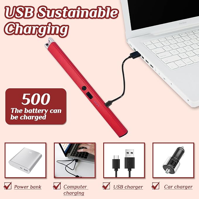 2 PCS Candle Lighter,Windproof Flameless Electric Lighter with LED Power Display ＆ Safety Switch, Upgraded Plasma USB Rechargeable Lighter for Birthday Camping BBQ （Red）