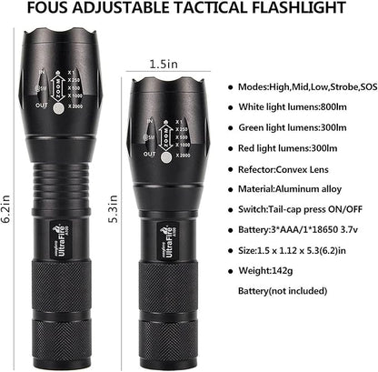 ULTRAFIRE A100 Tactical LED Flashlight Mini,800 Lumen Hunting Handheld Flashlight Focusable 3 Colors Exchange Glass Lens (Generate RED or Green Light)